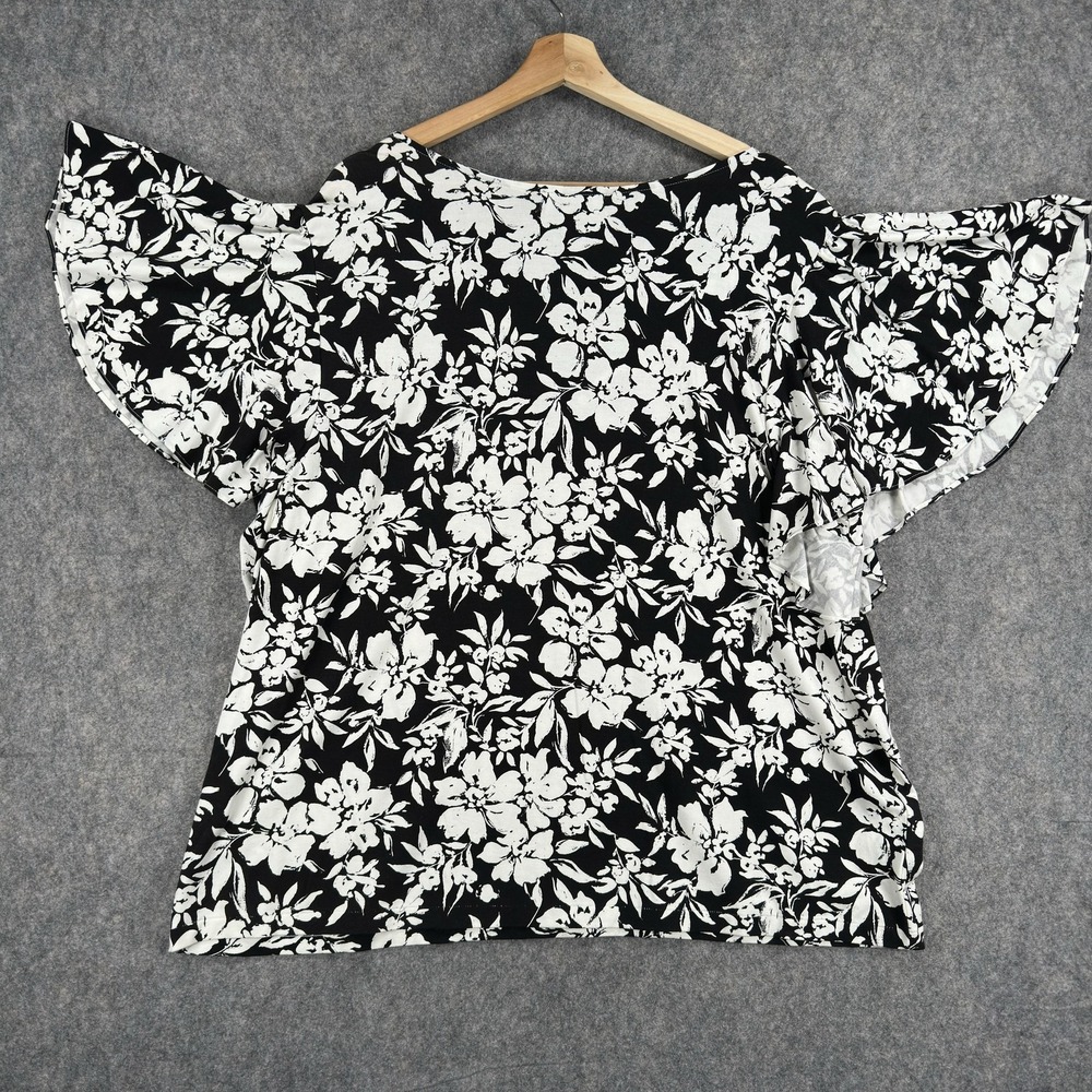 Lauren Ralph Lauren Shirt Womens 3X Black Floral V-Neck Flutter Sleeve Stretch‎ - Picture 8 of 10
